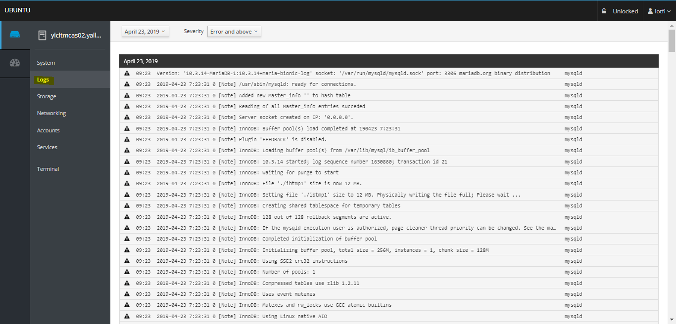 How to Install Cockpit on Ubuntu 18.04 LTS- Logs Screen dashboard