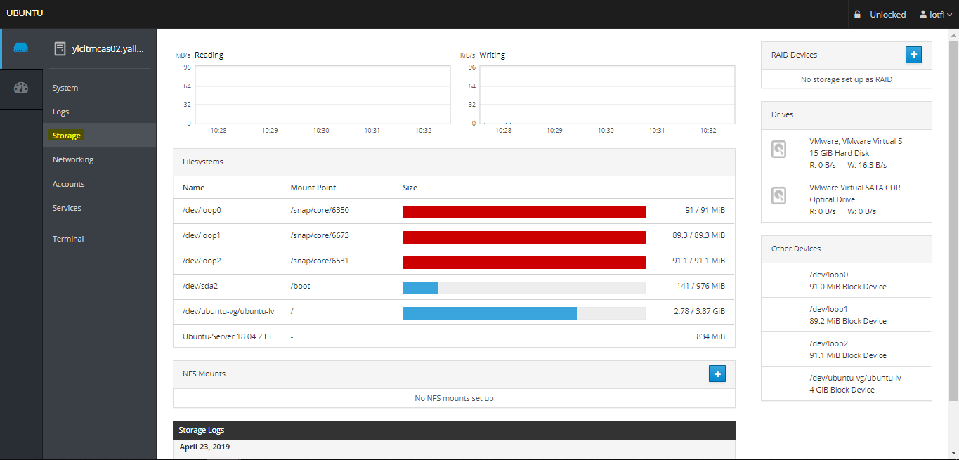 How to Install Cockpit on Ubuntu 18.04 LTS- Storage Screen dashboard