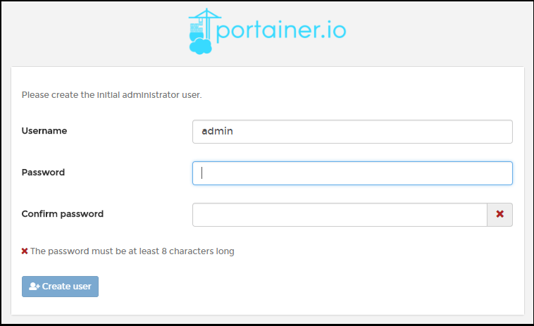 Docker Portainer Web Ui initial administrator page